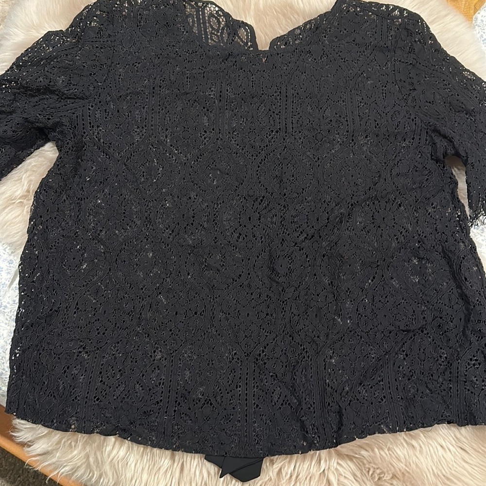 Black sheer lace top with bow tie back